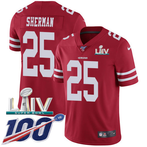 San Francisco 49ers Nike #25 Richard Sherman Red Super Bowl LIV 2020 Team Color Men Stitched NFL 100th Season Vapor Limited Jersey